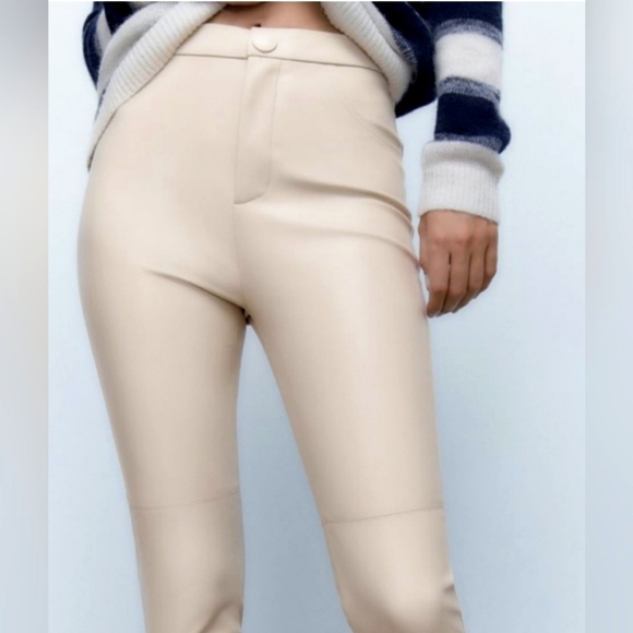 Zara faux leather leggings high rise cuff zipper cream size XXL - Picture 1 of 8